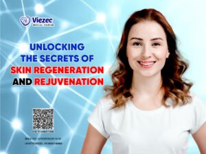 Young woman smiling in front of blue background with text about skin regeneration and rejuvenation.