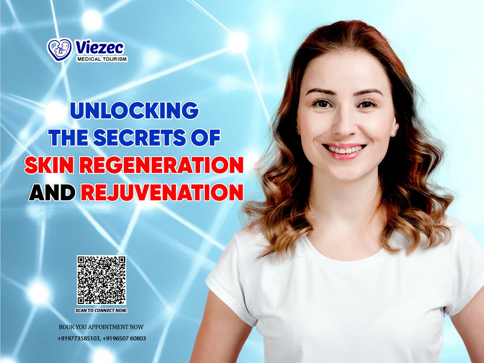 Young woman smiling in front of blue background with text about skin regeneration and rejuvenation.