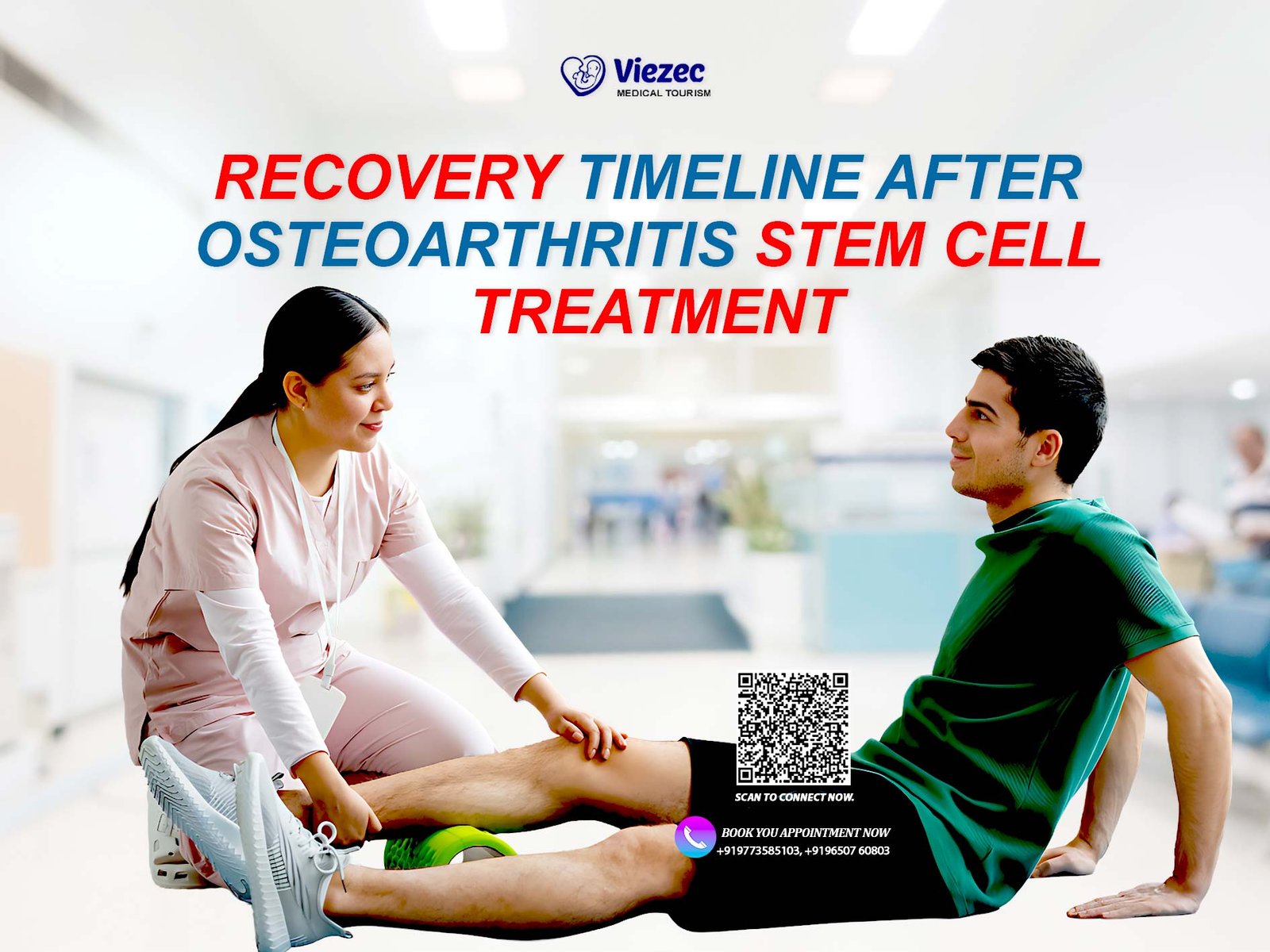 Recovery timeline after osteoarthritis stem cell treatment showing physiotherapy session for knee joint rehabilitation