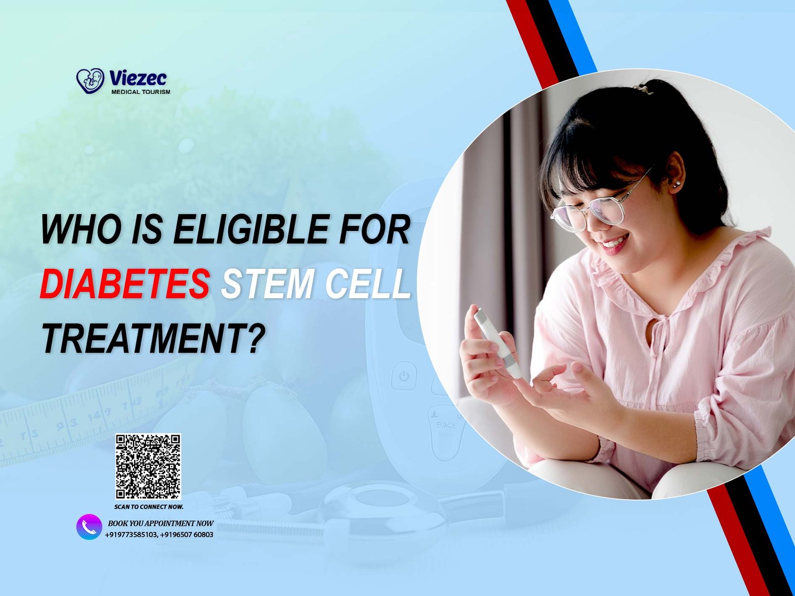 Young woman using a glucometer to check blood sugar levels, representing diabetes care and patient eligibility for diabetes stem cell treatment in India, advanced regenerative medicine and medical tourism concept.