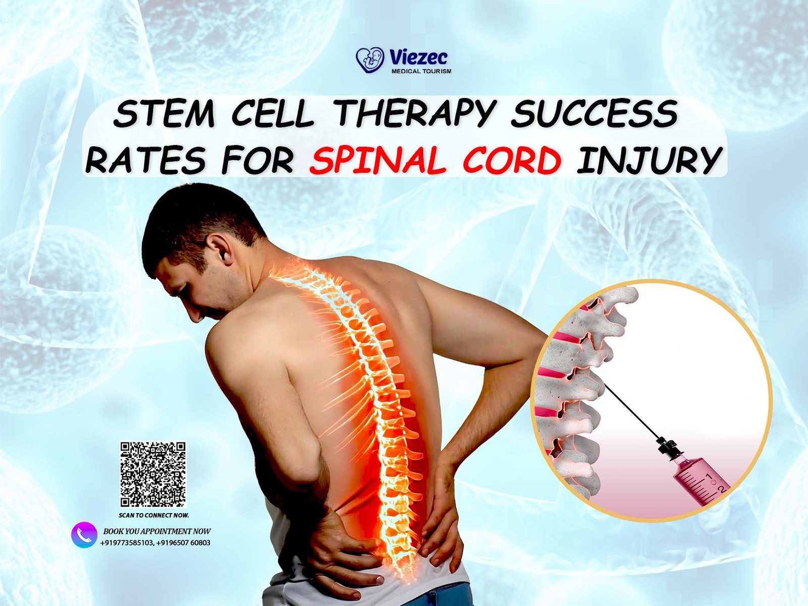 Spinal cord injury treatment using stem cell therapy showing back pain, damaged vertebrae, and medical injection concept